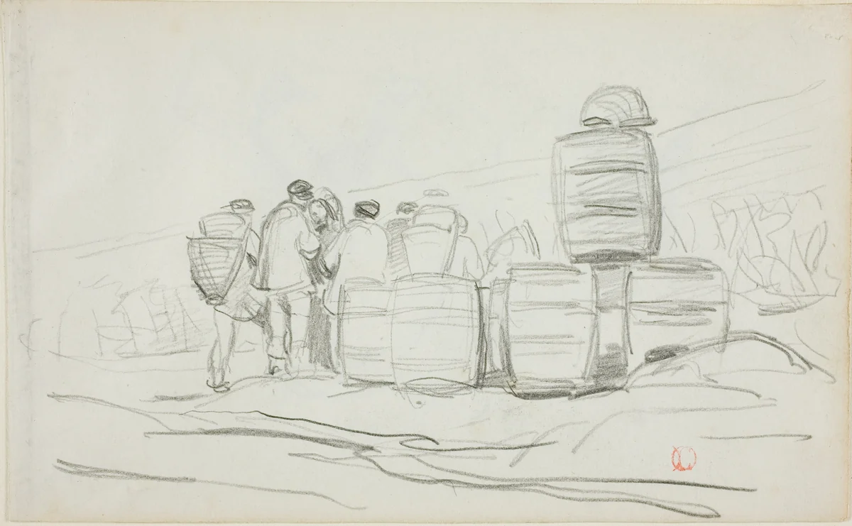 Study of a Group of People with Barrels (recto); Two Studies of a woman Gleaning (verso) by Charles-François Daubigny, drawing, 1858-1868