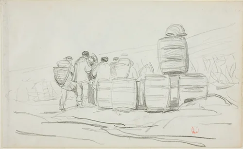 Study of a Group of People with Barrels (recto); Two Studies of a woman Gleaning (verso) by Charles-François Daubigny, drawing, 1858-1868