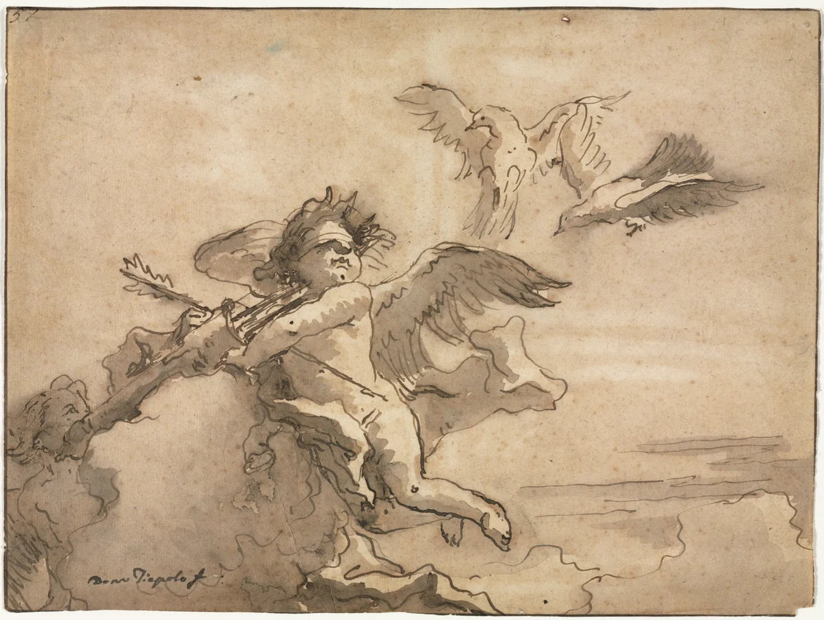 Cupid Blindfolded and Two Doves by Giovanni Domenico Tiepolo, drawing, 1757