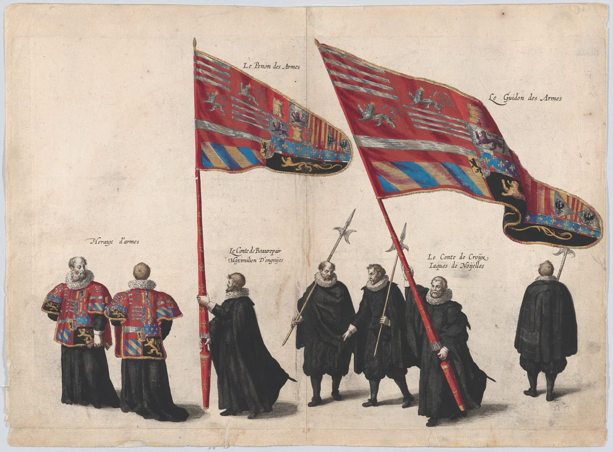 Plate 48: Men bearing arms and heraldic flags marching in the funeral procession of Archduke Albert of Austria; from 'Pompa Funebris ... Alberti Pii' by Cornelis Galle, print, 1623