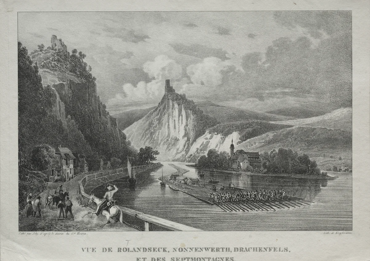 View of Rolandseck, Nonnenwerth, Drachenfels and Siebenbirge by Jules Jean-Baptiste de Joly, print, 1808-1865