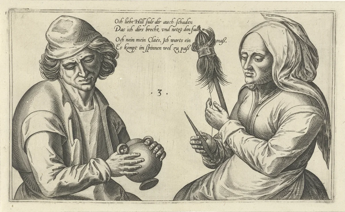 Spinnende vrouw met haar echtgenoot by Julius Goltzius, print, 1560-1595