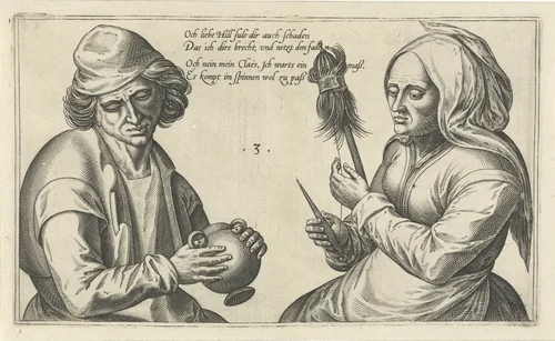 Spinnende vrouw met haar echtgenoot by Julius Goltzius, print, 1560-1595