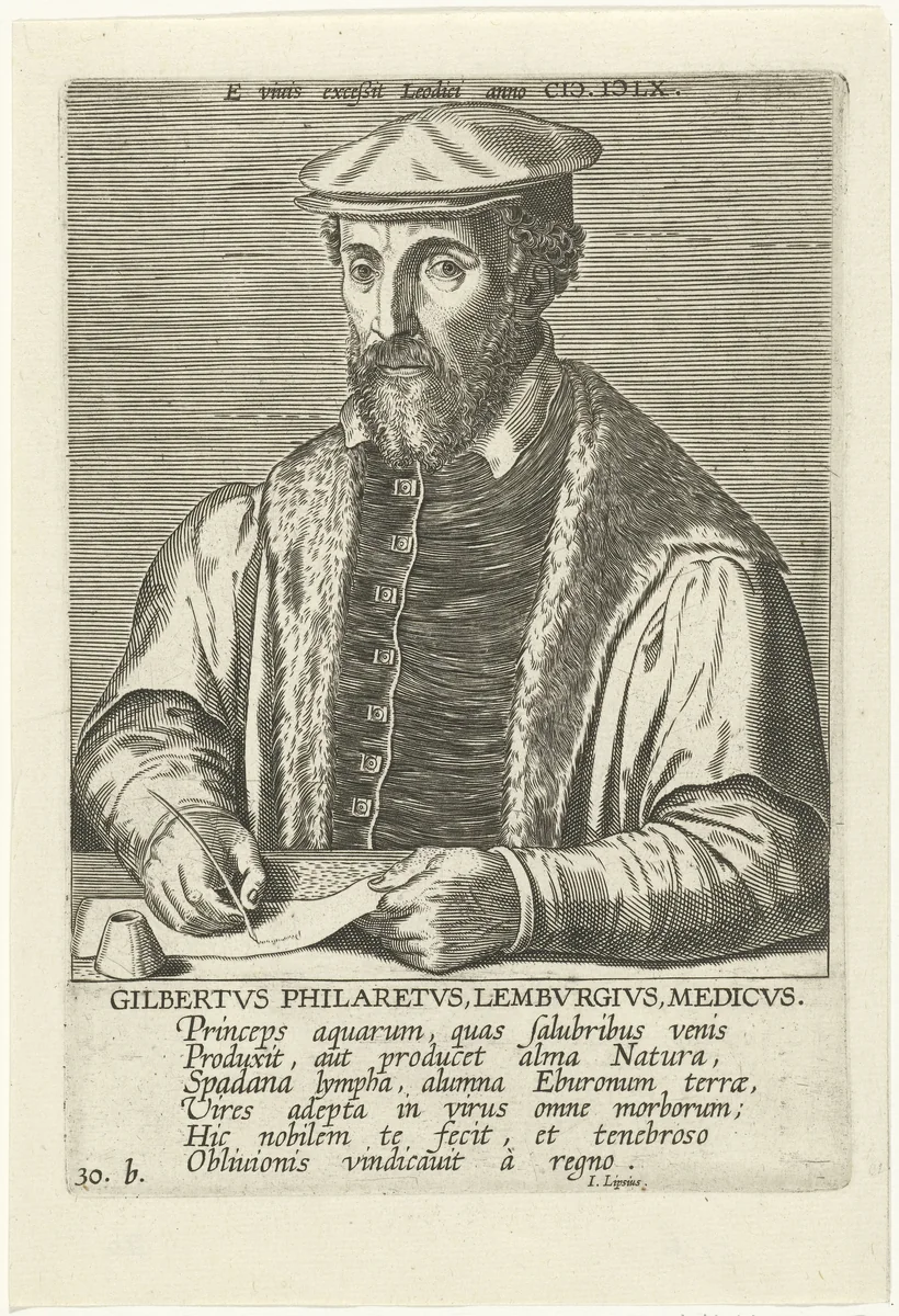 Portret van Gilbert Fusch by Philips Galle, print, 1608