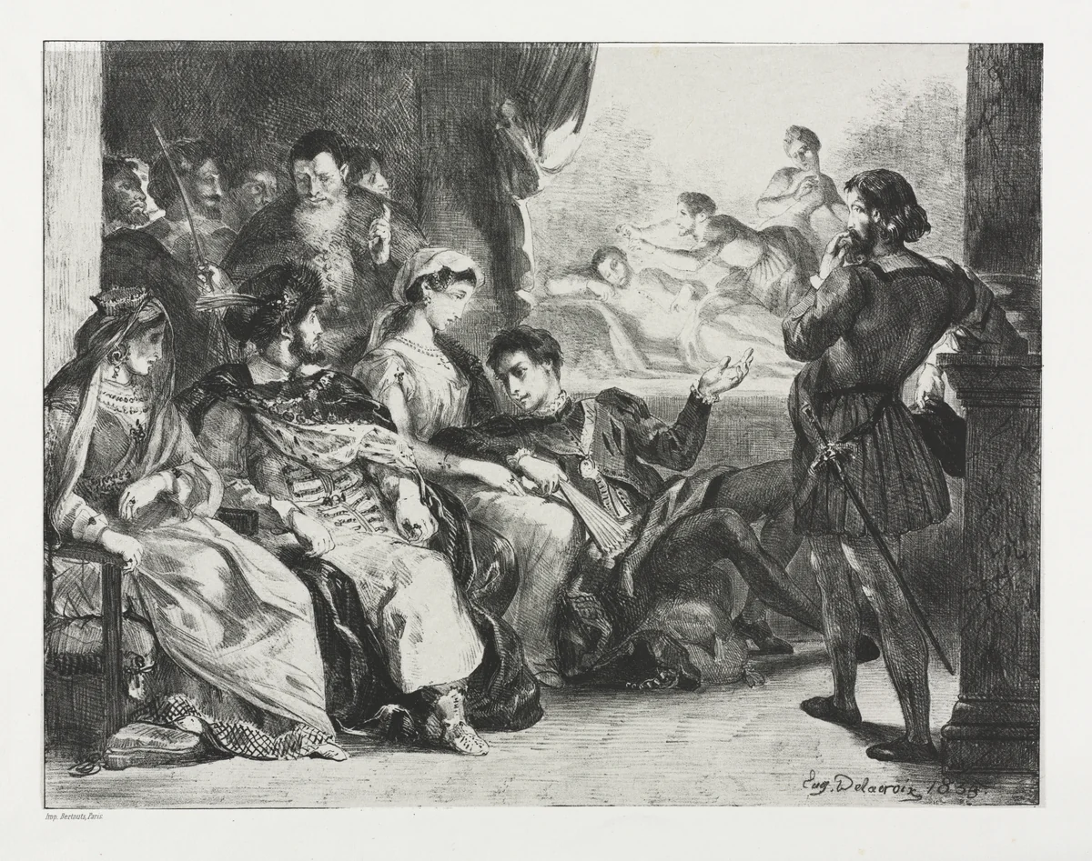 Hamlet: Hamlet Commands the Actors to do a Scene from the Poisoning of his Father by Eugène Delacroix, print, 1834