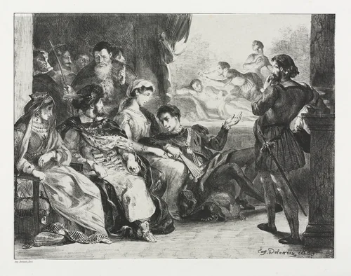 Hamlet: Hamlet Commands the Actors to do a Scene from the Poisoning of his Father by Eugène Delacroix, print, 1834