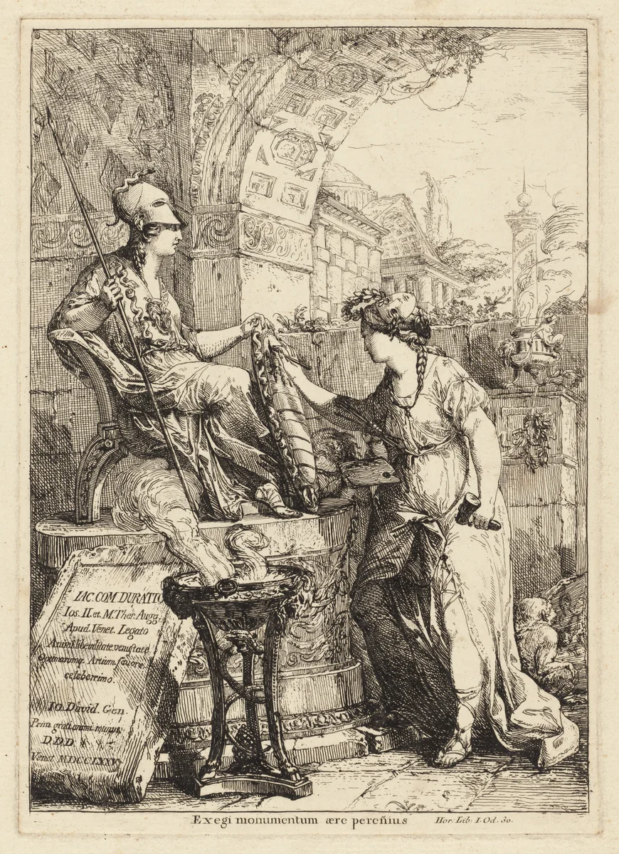 Exegi Monumentum (Art Inscribing Minerva's Shield) by Giovanni David, print, 1775