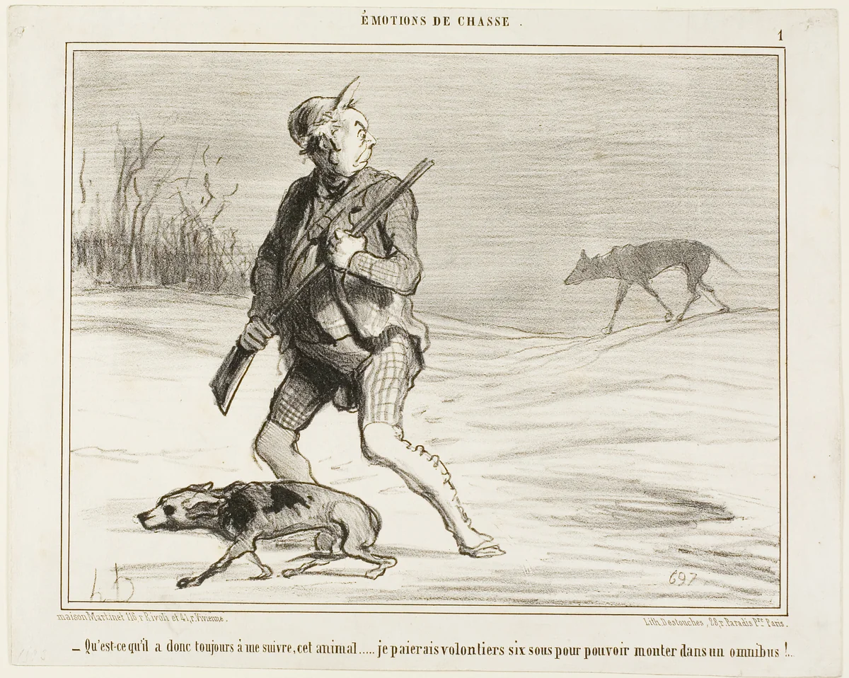 "- I wonder why this beast is following me all the time... I'll happily be paying 6 sous to jump on a bus," plate 1 from Émotions De Chasse by Honoré-Victorin Daumier, print, 1854