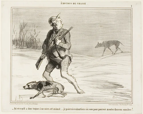 "- I wonder why this beast is following me all the time... I'll happily be paying 6 sous to jump on a bus," plate 1 from Émotions De Chasse by Honoré-Victorin Daumier, print, 1854
