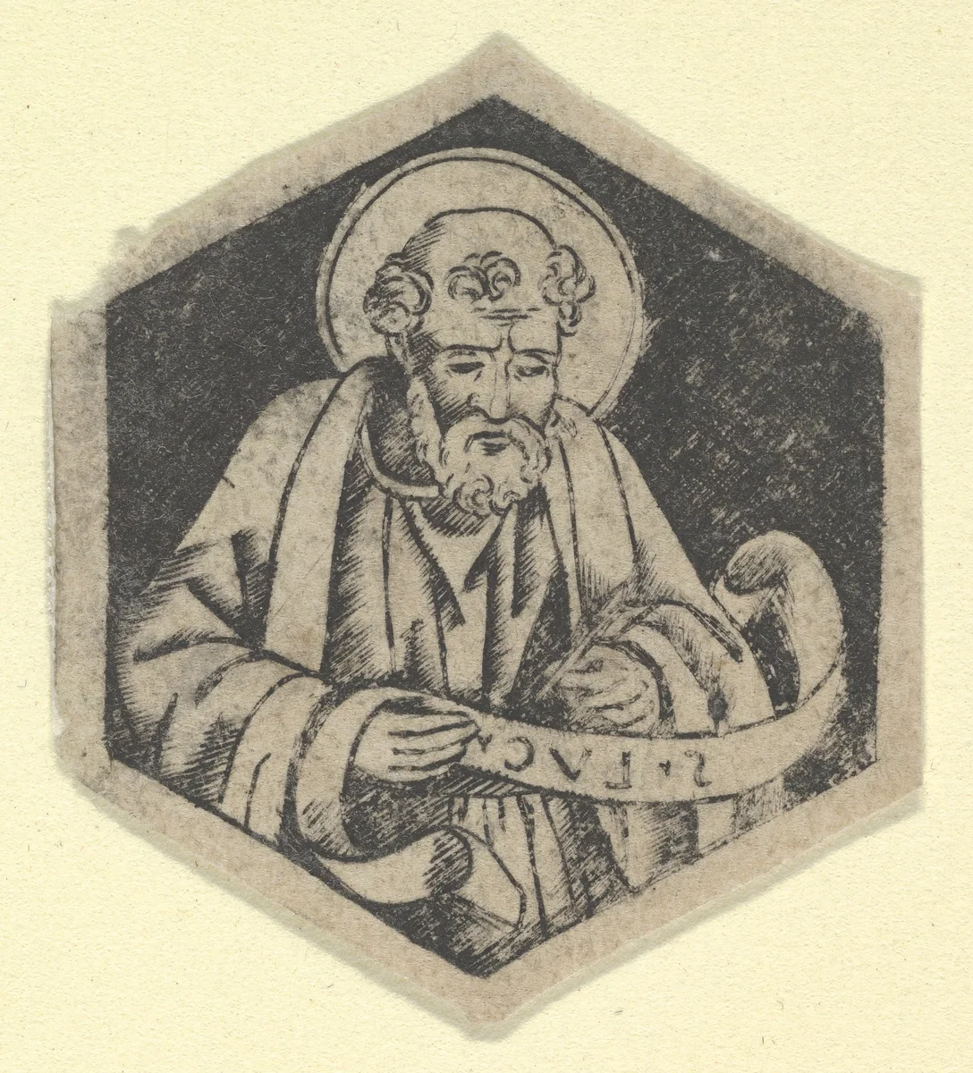 St Luke the Evangelist, holding a banderole (possibly a modern impression) by anonymous, print, 1475-1485