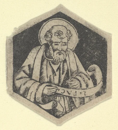 St Luke the Evangelist, holding a banderole (possibly a modern impression) by anonymous, print, 1475-1485