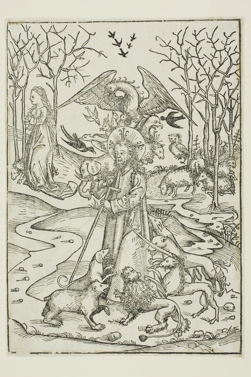 The Virtues of Christ and the Wickedness of His Enemies Symbolized by Diverse Birds and Beasts (verso); The Last Supper (recto), pages 66 and 65 from the Treasury (Schatzbehalter) by Michael Wolgemut, print, 1491