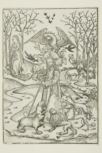 The Virtues of Christ and the Wickedness of His Enemies Symbolized by Diverse Birds and Beasts (verso); The Last Supper (recto), pages 66 and 65 from the Treasury (Schatzbehalter) by Michael Wolgemut, print, 1491