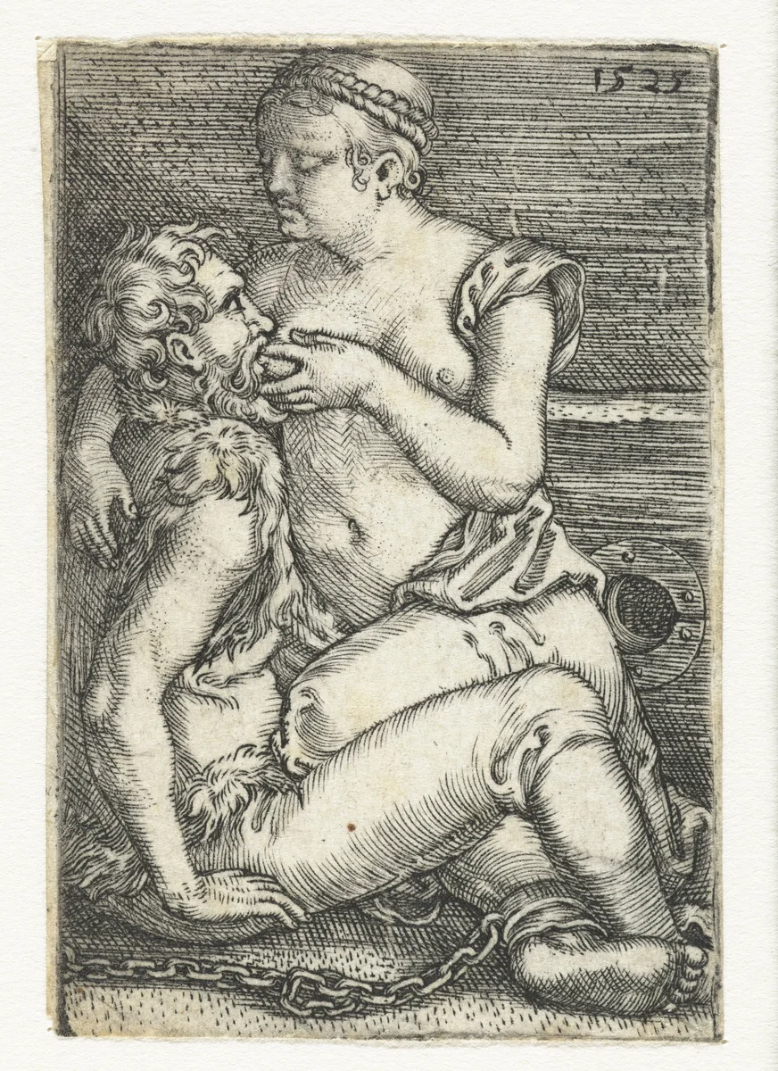 Pero zoogt de geketende Cimon in de gevangenis by Barthel Beham, print, 1525