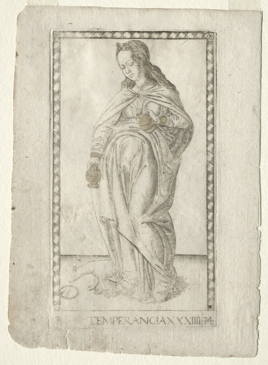 Temperance (from the Tarocchi, series B: Cosmic Principles & Virtues, #34) by Master of the E-Series Tarocchi, print, 1457-1467
