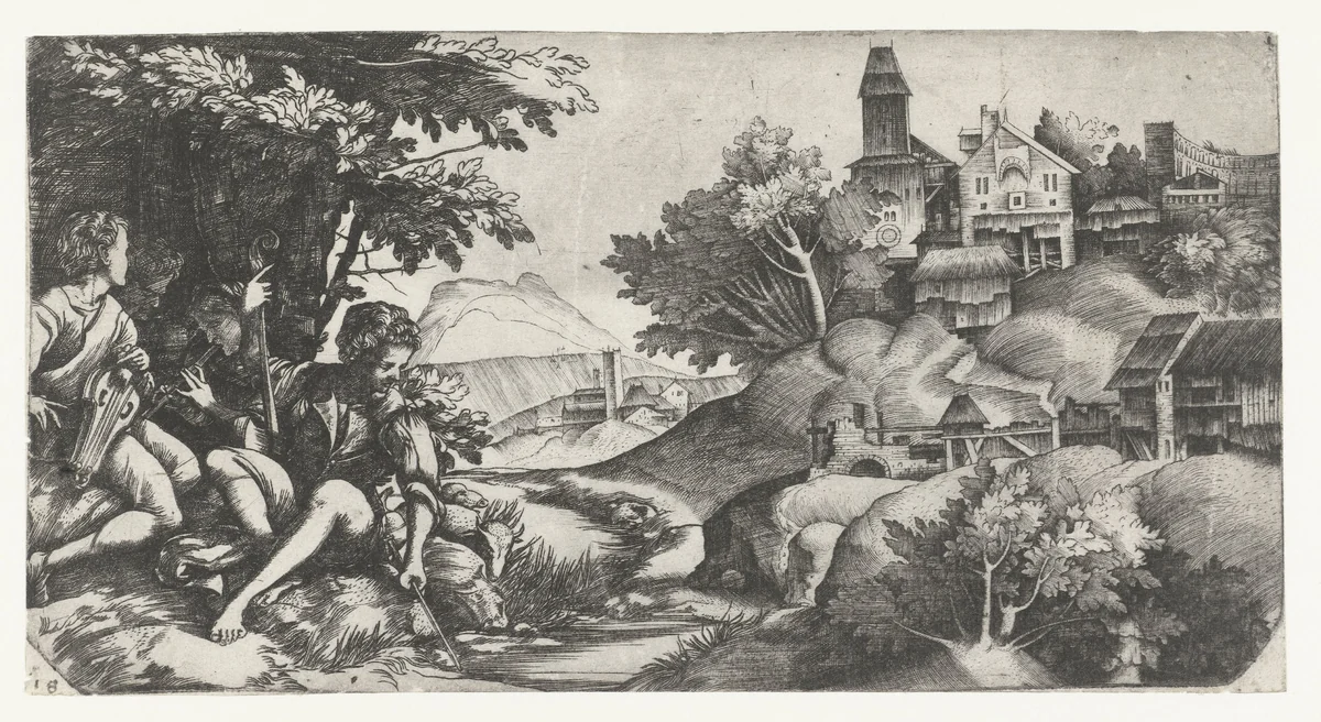 Musicerende herders in een landschap by Giulio Campagnola, print, 1507-1509