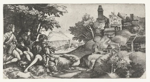 Musicerende herders in een landschap by Giulio Campagnola, print, 1507-1509