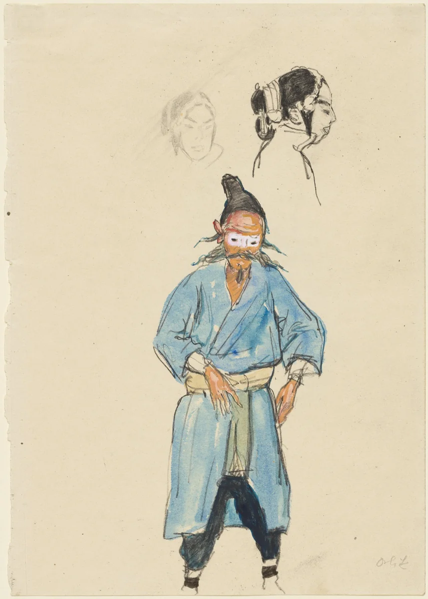 Chinese Actor and Two Sketches of a Woman's Head by Emil Orlik, drawing, 1912