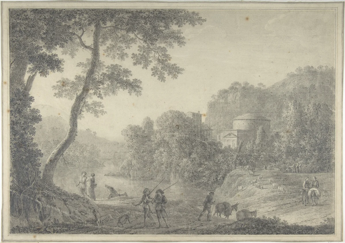 Classical Landscape with Hunters in the Foreground by Giovanni Battista Lusieri, drawing, 1755-1821