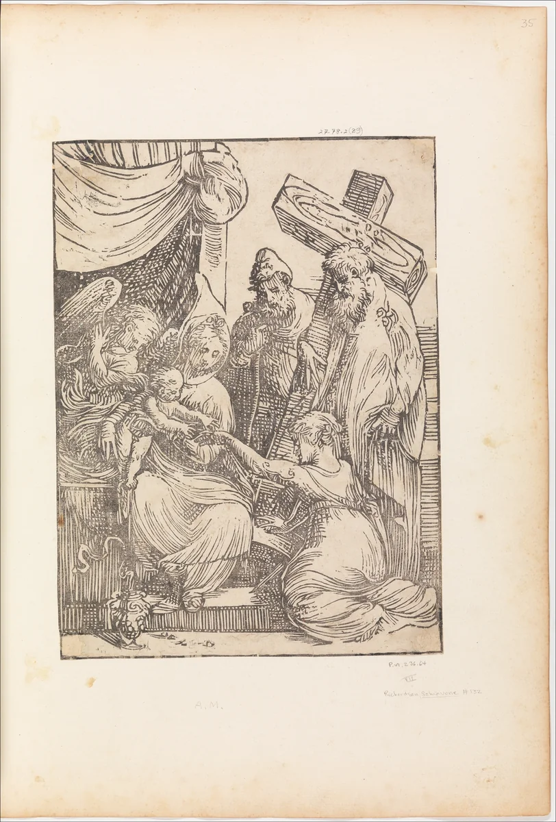 The Mystic Marriage of St. Catherine, with St. Joseph, an Angel, and a Cross-bearing Saint by Andrea Schiavone, print, 1510-1563