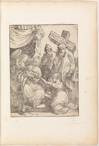 The Mystic Marriage of St. Catherine, with St. Joseph, an Angel, and a Cross-bearing Saint by Andrea Schiavone, print, 1510-1563