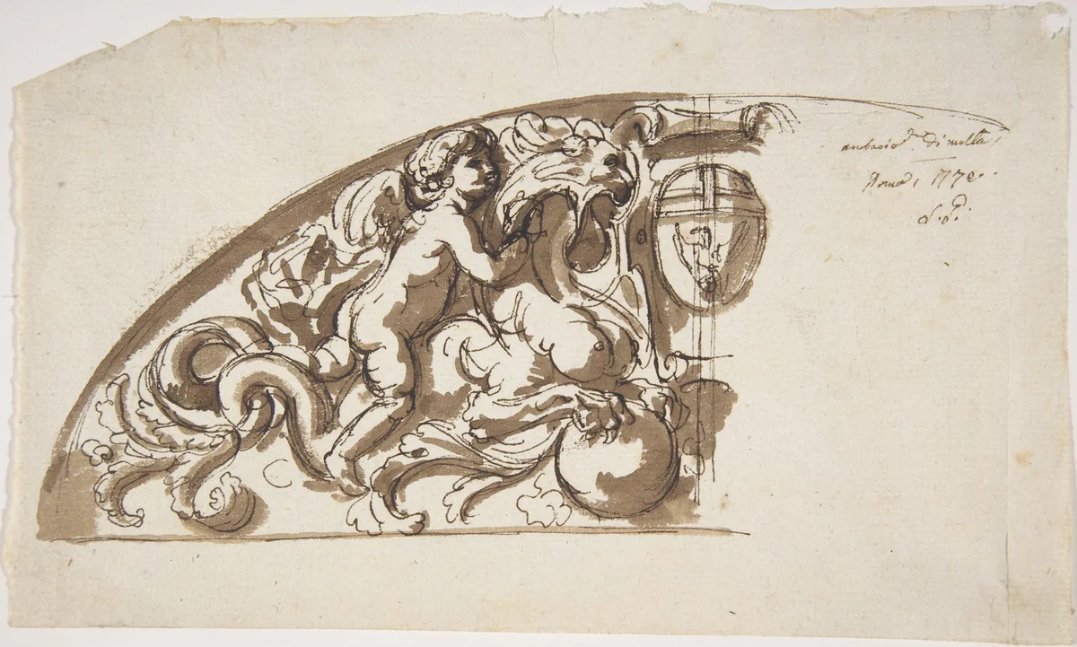 Half Lunette with Putto and Monster by Etienne de Lavallée-Poussin, drawing, 1745-1793