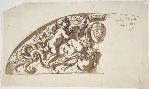 Half Lunette with Putto and Monster by Etienne de Lavallée-Poussin, drawing, 1745-1793