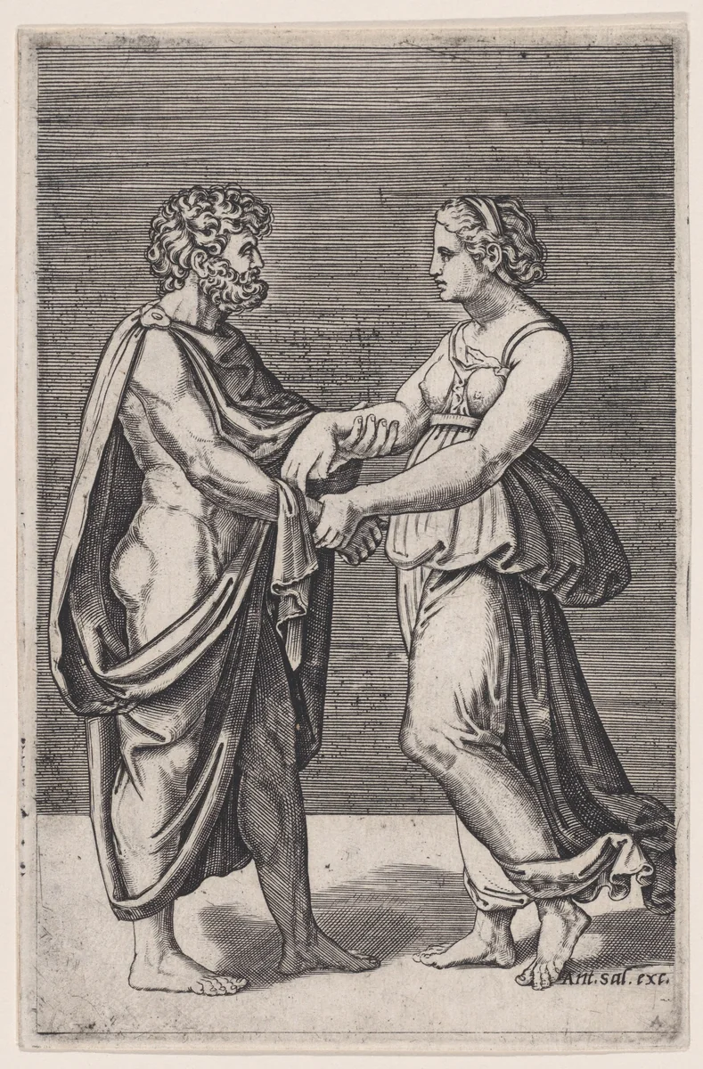 Man and Woman Holding Hands by Agostino Veneziano, print, 1514-1536