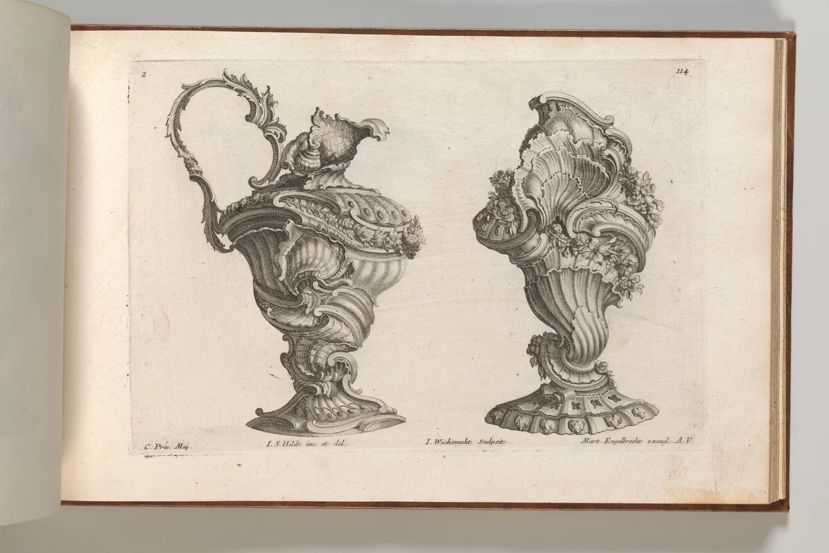 Designs for a Ewer and a Lidded Vase, Plate 2 from: 'Schöne und auf die neueste Facon inventierte Gefäße und Krüge' by Jeremias Wachsmuth, book, 1745-1755
