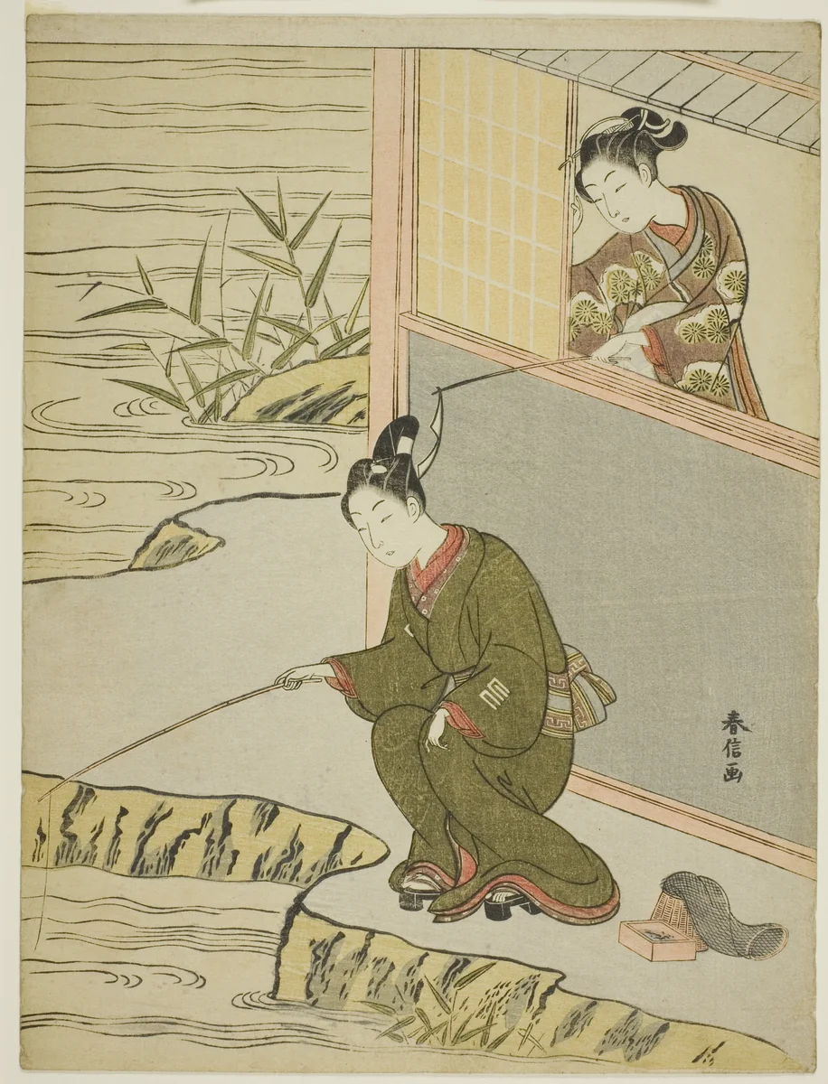 Beauty Teasing a Young Man Fshing by Suzuki Harunobu (鈴木春信), print, 1763-1770