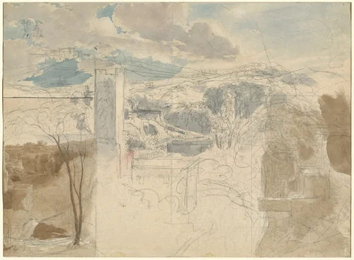 Ruins of a Fortified Tower among Wooded Hills [recto] by Friedrich Salathé, drawing, 1816-1821