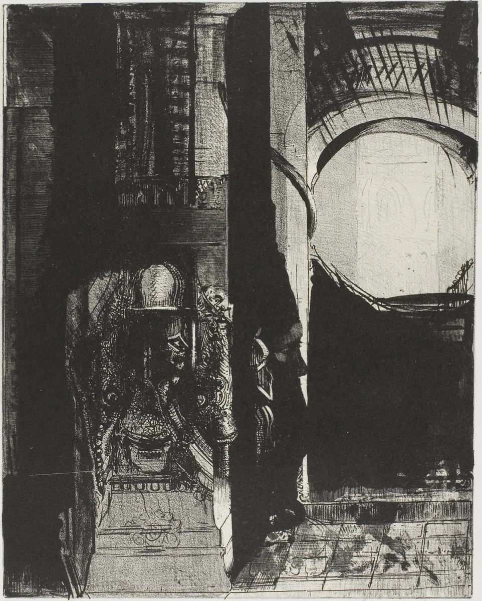 And On Every Side Are Columns of Basalt,...the Light Falls From the Vaulted Roof, plate 3 of 24 by Odilon Redon, print, 1896
