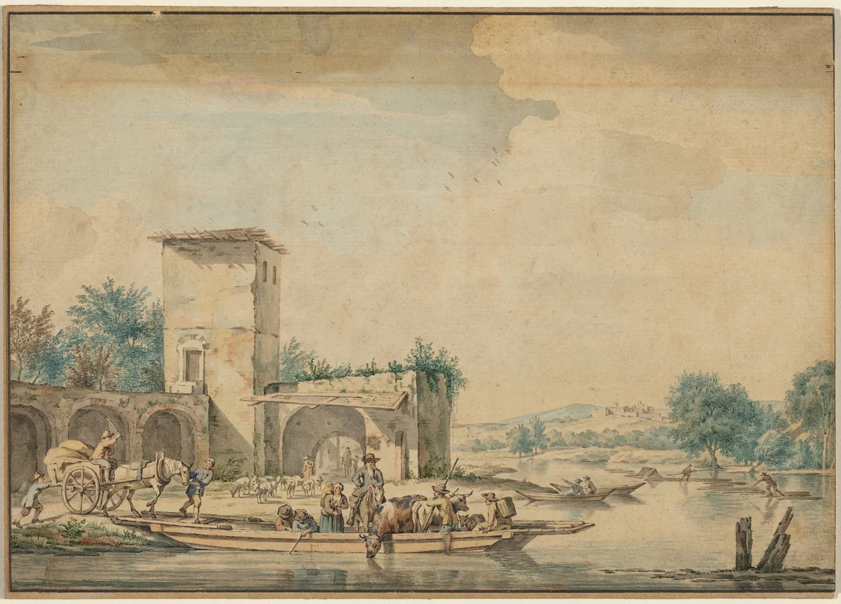 River Landscape with a Ferry Boat by Wigerus Vitringa, drawing, 1657-1721