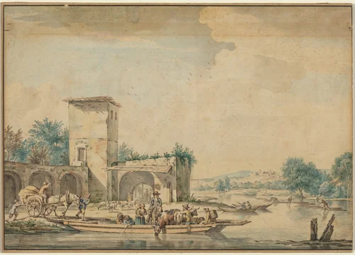 River Landscape with a Ferry Boat by Wigerus Vitringa, drawing, 1657-1721