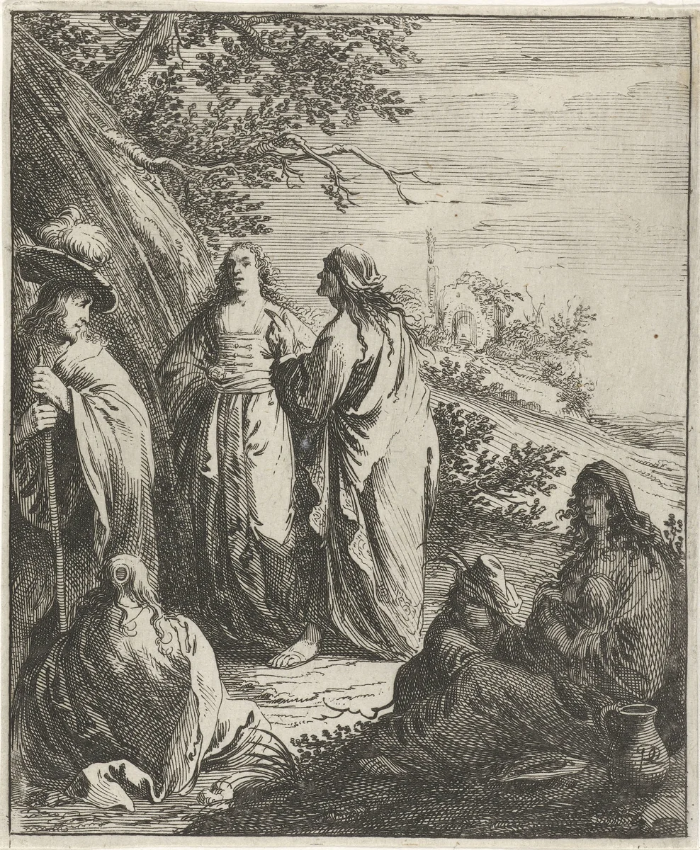 Majombe spreekt het Spaanse heidinnetje Preciosa moed in by Pieter Nolpe, print, 1643