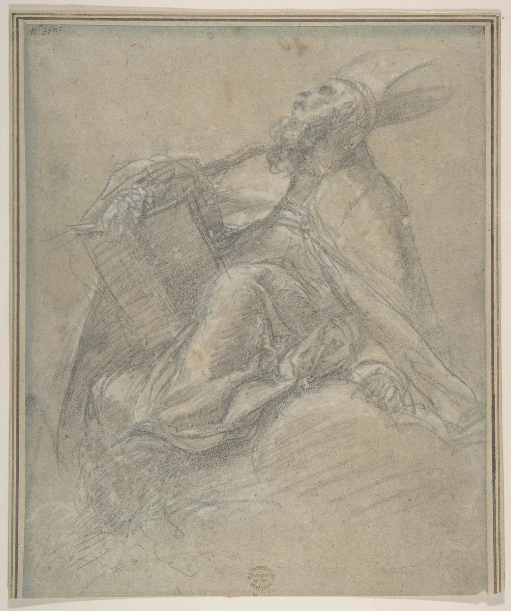 Seated Bishop Holding a Book by Jacopo Palma, drawing, 1595-1605