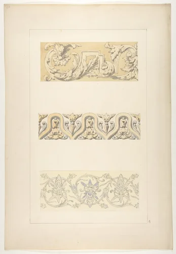 Three designs for decorative borders by Jules-Edmond-Charles Lachaise, drawing, 1830-1897