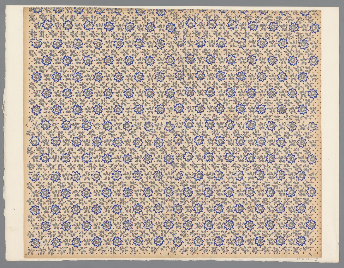 Blad met regelmatig strooipatroon van bloemmotief tussen bladeren en sterren by anonymous, print, 1800-1900