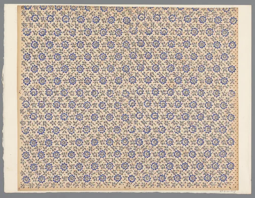 Blad met regelmatig strooipatroon van bloemmotief tussen bladeren en sterren by anonymous, print, 1800-1900