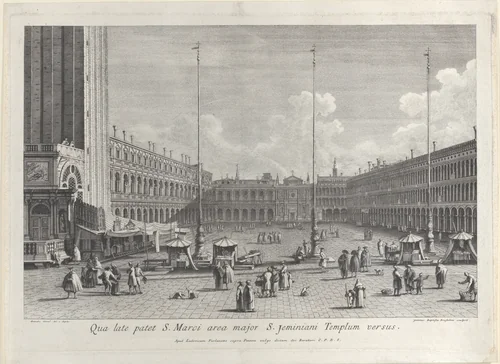View of Piazza San Marco, with the church of San Geminiano at the far end, and figures and market stalls in the foreground by Giovanni Battista Brustolon, print, 1763