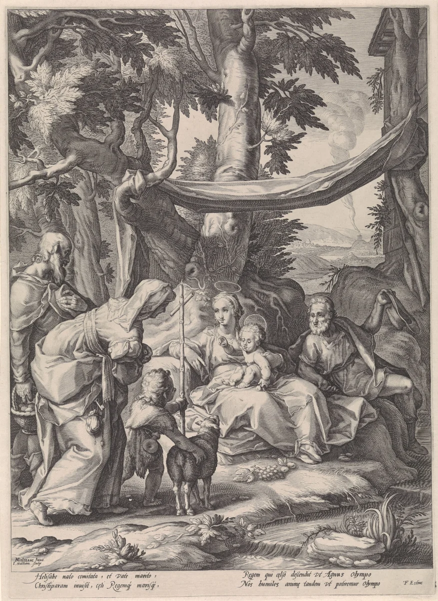 H. Familie met Elisabet, Zacharias en het kind Johannes de Doper by Unknown, print, 1590