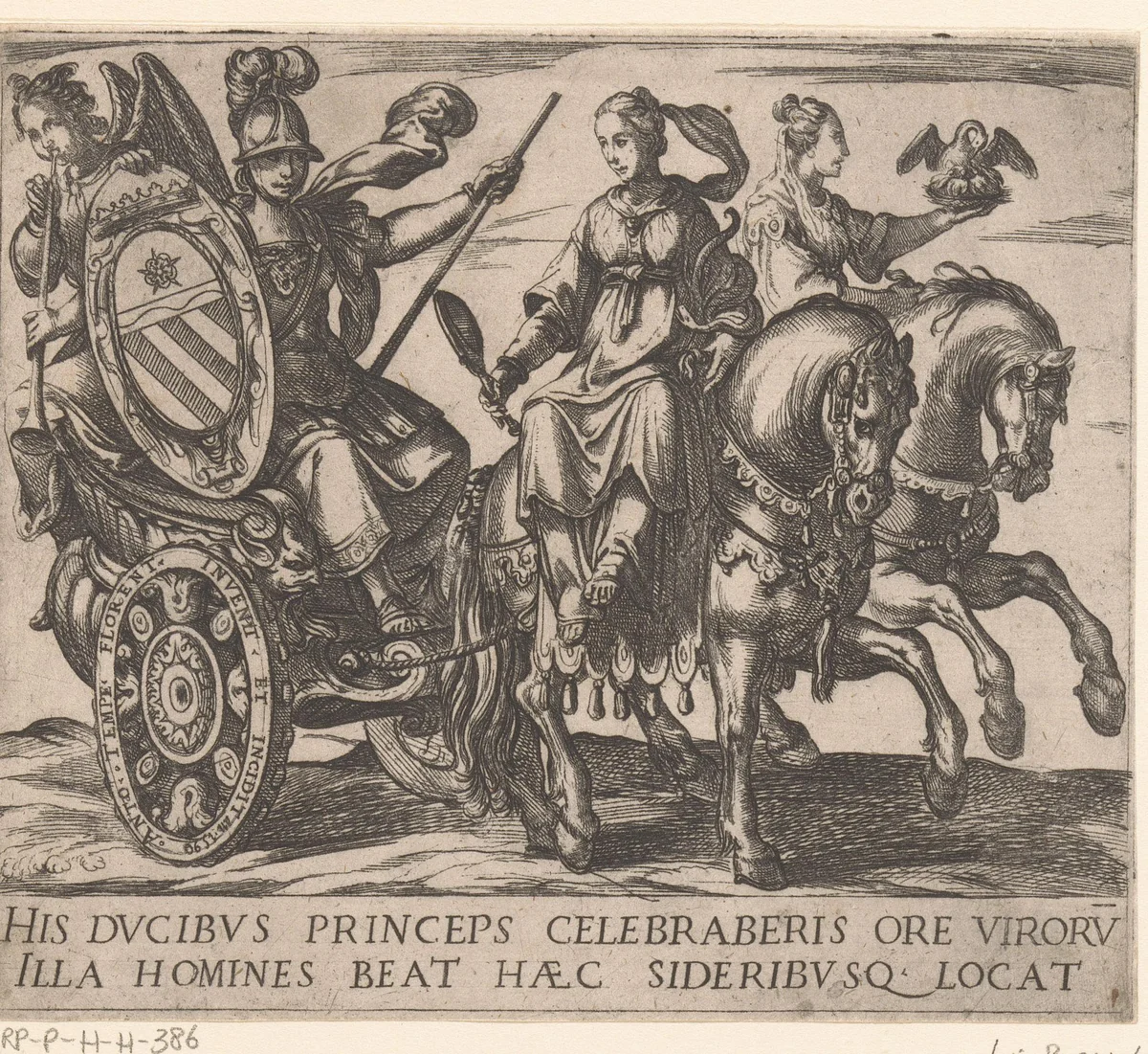 Titelprent met Minerva op strijdwagen, geleid door Voorzichtigheid en Liefde by Unknown, print, 1590