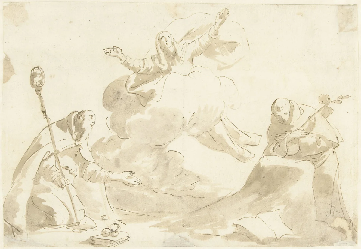 Knielende heiligen Nicolaas en Dominicus bij een ten hemel varende Maria by Giovanni Battista Tiepolo, drawing, 1706-1770