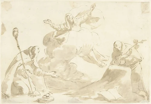 Knielende heiligen Nicolaas en Dominicus bij een ten hemel varende Maria by Giovanni Battista Tiepolo, drawing, 1706-1770