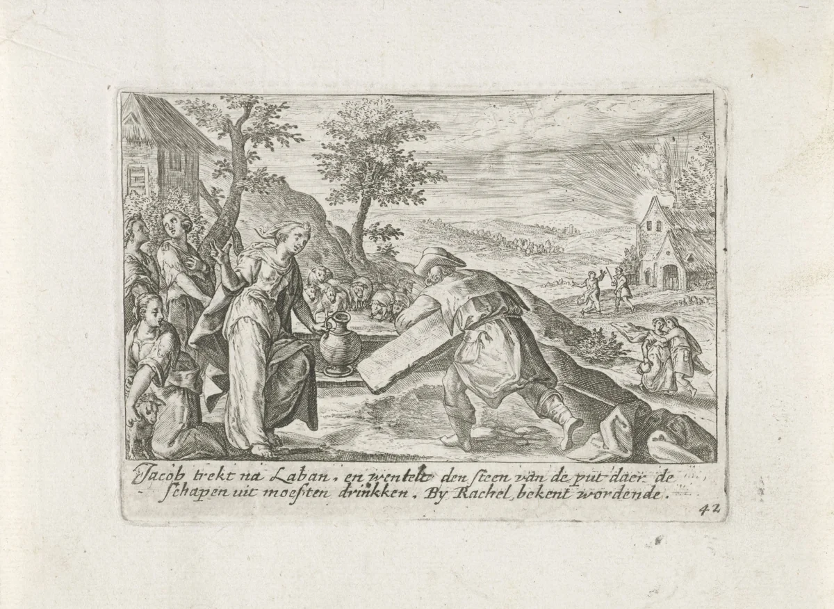 De ontmoeting van Jakob en Rachel bij de waterput by Crispijn van de Passe, print, 1700-1750