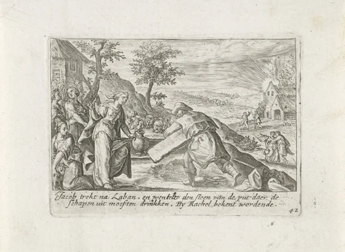 De ontmoeting van Jakob en Rachel bij de waterput by Crispijn van de Passe, print, 1700-1750
