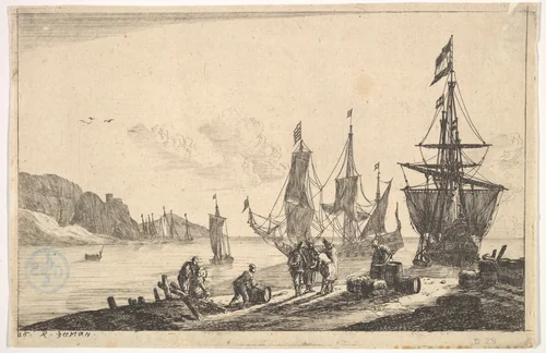 Bay with Sailing Vessels by Reinier Nooms, print, 1635-1670