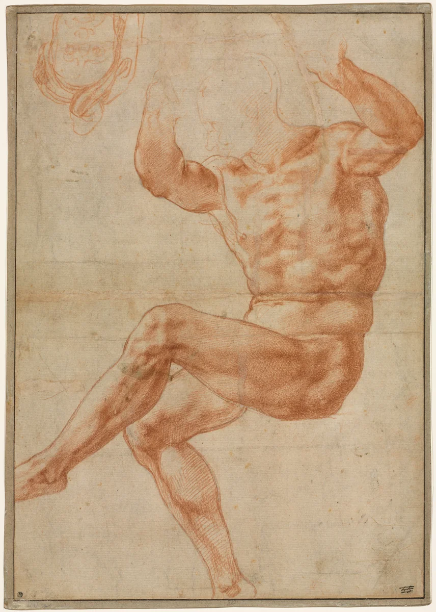 Study for the Nude Youth over the Prophet Daniel (recto) by Michelangelo Buonarroti, drawing, 1510-1511