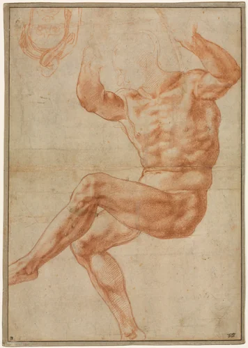 Study for the Nude Youth over the Prophet Daniel (recto) by Michelangelo Buonarroti, drawing, 1510-1511