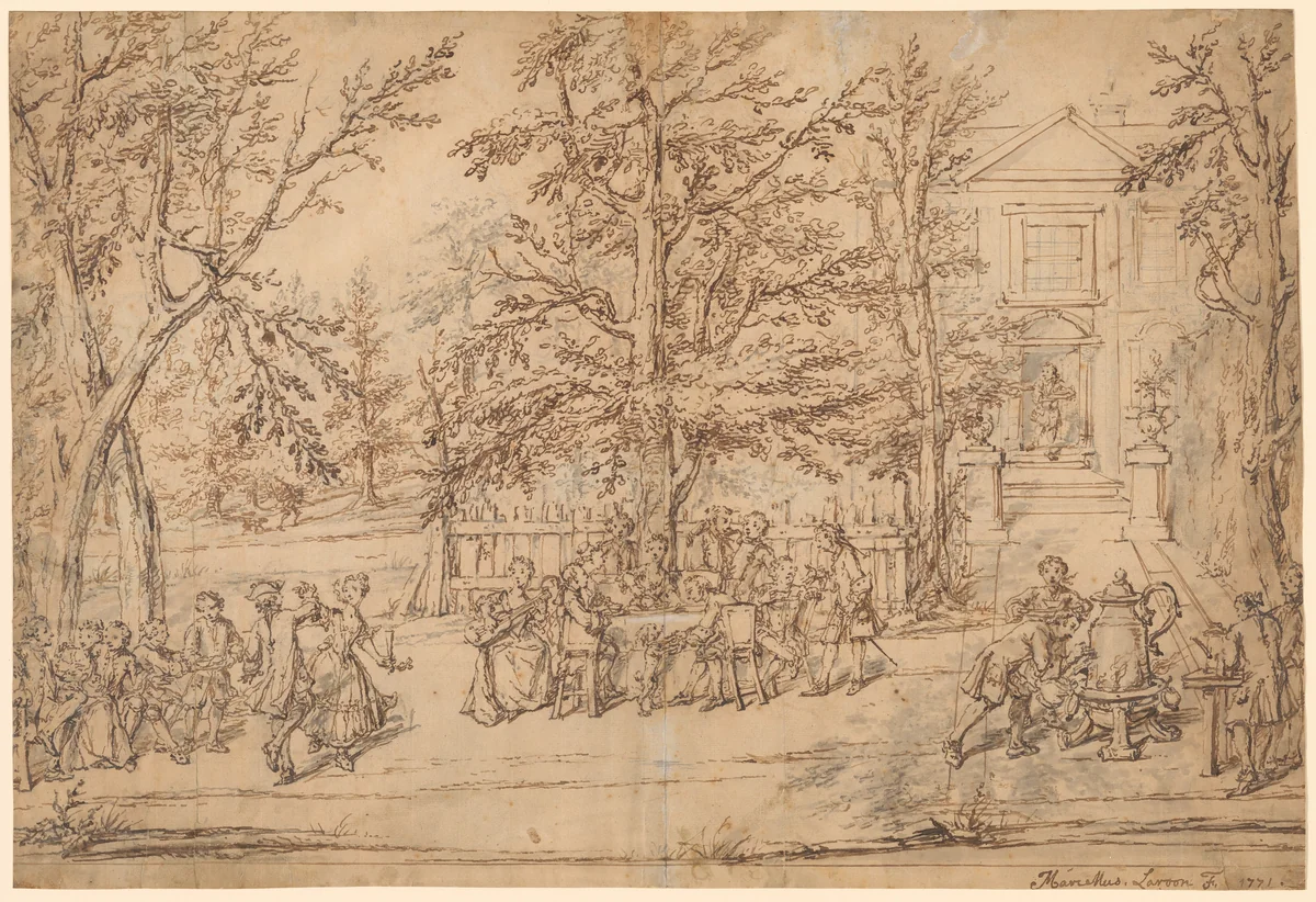 Garden Party at a Country House by Marcellus Laroon II, drawing, 1771